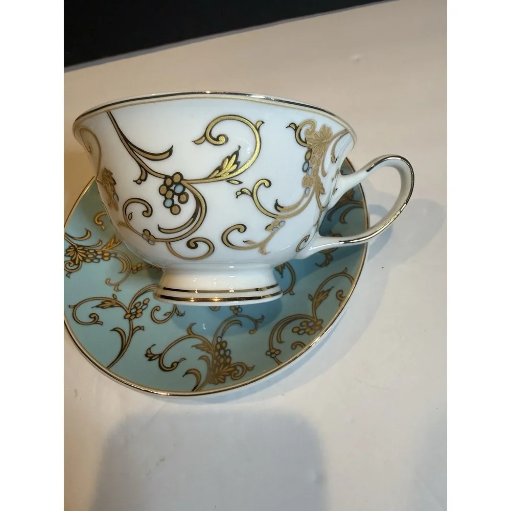 Grace Teaware Turquoise & Gold Scroll Teacup and Saucer
